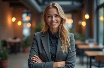 Fototapeta premium Confident businesswoman in a stylish gray suit poses with arms crossed at a modern café during the day