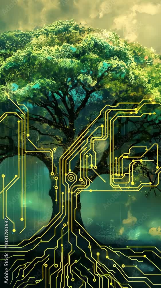 Poster digital art of a tree with glowing circuit patterns. futuristic nature and technology concept for po