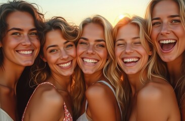 Obraz premium Group of cheerful women enjoying a sunset on the beach, capturing a joyful moment during a summer evening gathering