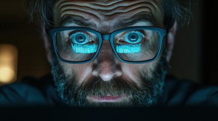 Anxious individual analyzing financial data home office emotional expression dimly lit environment close-up perspective