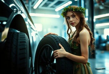 A young woman in a floral crown poses with tires in a modern automotive workshop during daylight hours