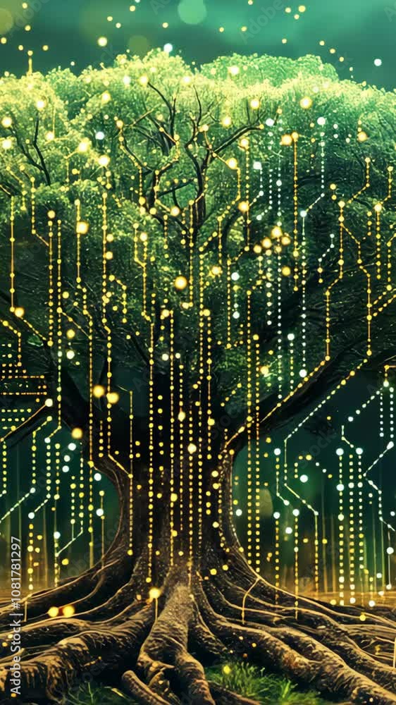 Aufkleber digital art of a tree with circuit board patterns and glowing lights on a dark background. concept o