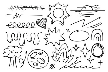 Hand drawn scribble doodle style collection of heart,star,moon,sun,wave, arrows, scribble, speech bubble, star.Vector illustration
