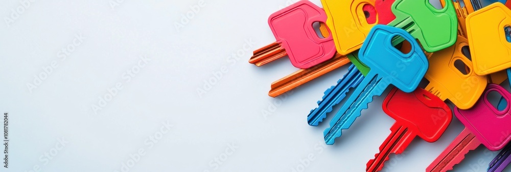 Poster a colorful assortment of keys arranged on a light background.