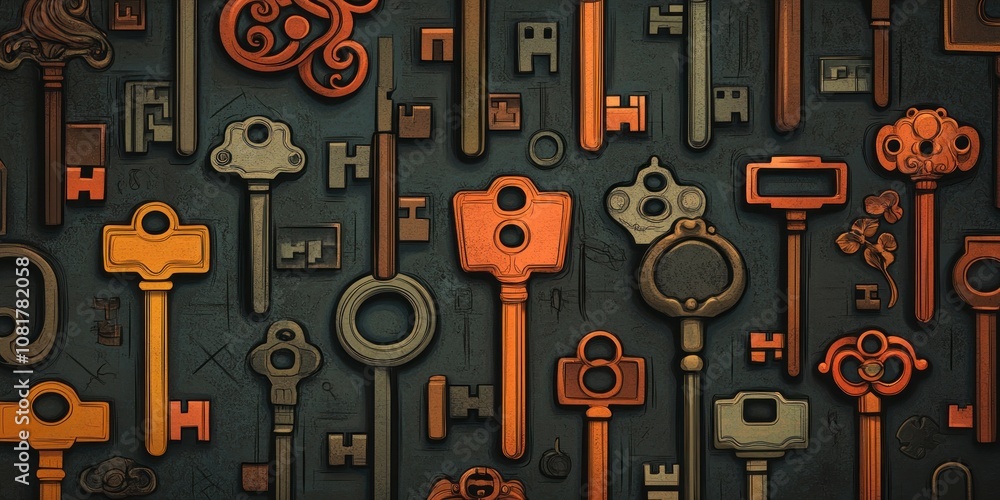 Poster a collection of ornate keys in various shapes and colors on a textured background.