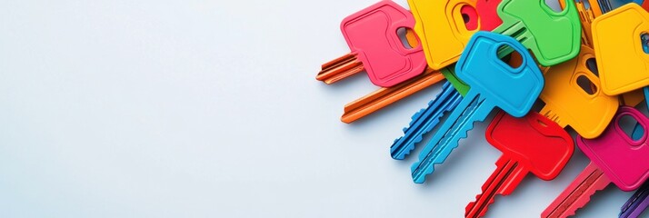 A colorful assortment of keys arranged on a light background.