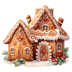 Christmas gingerbread house watercolor illustration detailed icing holiday decorations, festive greeting cards,seasonal decor,cozy winter ,snow,invitation,greeting,card,clipart,story,book,telling,diy