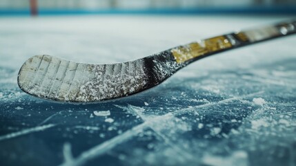 A hockey stick's blade with tape wear and ice shavings, indoor setting on a freshly resurfaced ice rink, Cold style