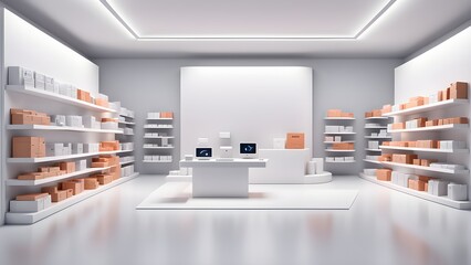 Minimalist and modern retail store interior with white shelves, a counter, and two computer screens. There is a blank wall behind the counter that can be used for signage or branding.