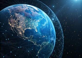 Fototapeta premium Abstract 3D Blue Sphere with Particles Representing Global Network Connection and Futuristic Technology, Illustrating Big Data Visualization in a Modern Digital Environment