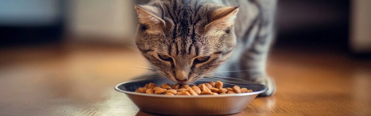 A gray tabby cat is happily eating from a silver bowl filled with dry cat food. The cozy indoor environment enhances the mealtime experience