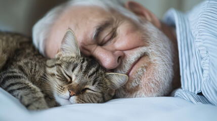 Elderly Cat Love Concept. A serene moment of an elderly man peacefully sleeping next to a content tabby cat, showcasing a tender bond between humans and pets.