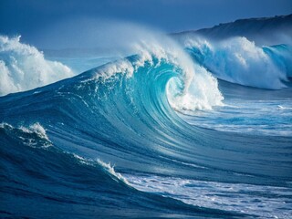 Fototapeta premium Abstract Blue Background with Wavy Lines, Dynamic Waves Illustration, Perfect for Modern Design Projects, Digital Artworks, and Creative Visuals in Low Light Photography