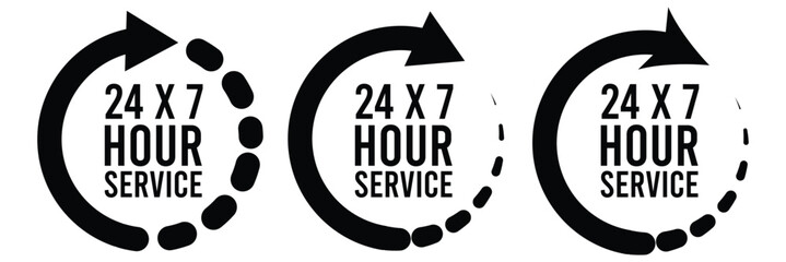24 hours clock icon. Work time symbol. Delivery signs. Service symbols. Support, business icons. Shop open. Black, blue color. Vector sign.