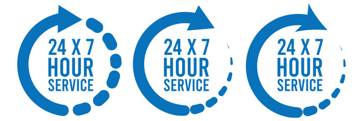 24 hours clock icon. Work time symbol. Delivery signs. Service symbols. Support, business icons. Shop open. Black, blue color. Vector sign.