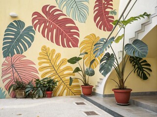 Abstract Colorful Tropical Leaves on a Light Yellow Background Perfect for Artistic and Contemporary Design Projects