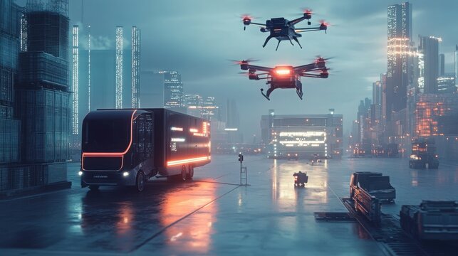 AI automating drone delivery, futuristic logistics network with autonomous transport