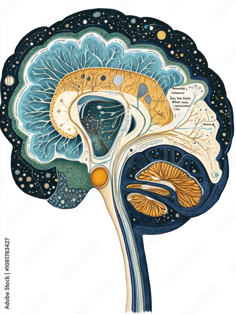 Poster artistic illustration of a brain, showcasing its structure and functions.