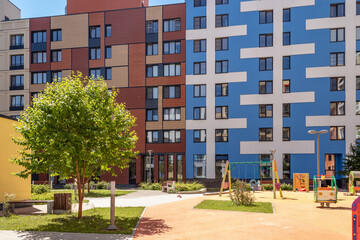 Modern apartment building with colorful facades on the outskirts of the city. Residential Complex 'In the forest', Moscow, Russia