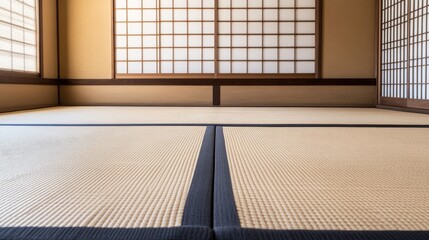 A judo mat with tatami surface, indoor setting with traditional dojo ambiance, Minimalist style
