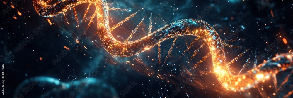 Poster a vibrant representation of dna strands, highlighting genetic structure and complexity.