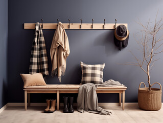 modern hallway decorated for Christmas with plaid and navy blue accents, wreaths and Christmas tree. Holiday and festive season interior. Plaid accents interior.