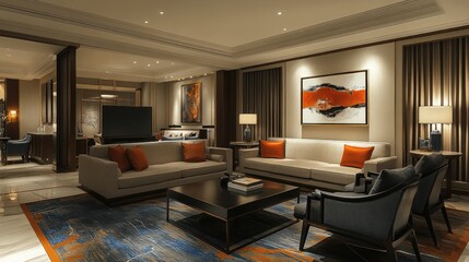 Luxurious living room with plush couches, coffee table, and abstract art.