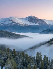 Fototapeta premium Rolling Fog Over a Quiet Mountain Valley, Surrounded by Snow-Capped Peaks and Dense Pine Forests, Creating a Mysterious Atmosphere as the First Light of Dawn Breaks
