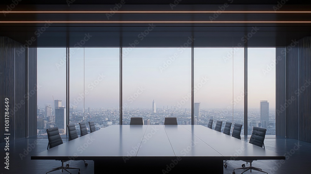 Poster modern boardroom with a large window view of a cityscape