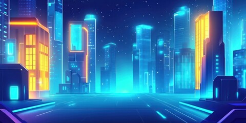 Futuristic cityscape with neon lights and towering skyscrapers under a starry sky.
