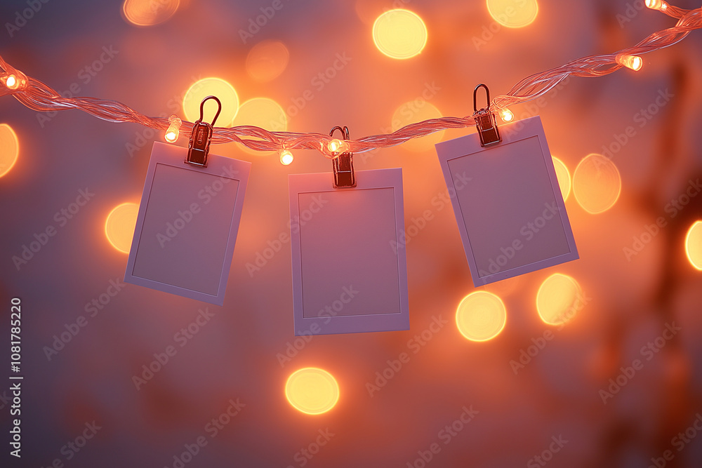Poster blank photo frames hanging on string lights with bokeh