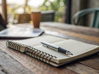 A Close-Up of an Open Spiral Notebook and a Pen on a Wooden Desk Surface, Perfect for Creative Writing and Study Sessions, Capturing the Beauty of Stationery in a Calm Environment
