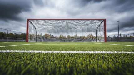 A lacrosse field's goal area with synthetic turf and goalpost details, outdoor setting with overcast skies, Sharp style