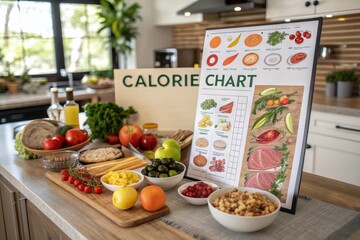A Colorful and Informative Calorie Chart Displaying Various Foods with Nutritional Values, Ideal for Health and Fitness Enthusiasts and Nutritionists in a Modern Kitchen Setting