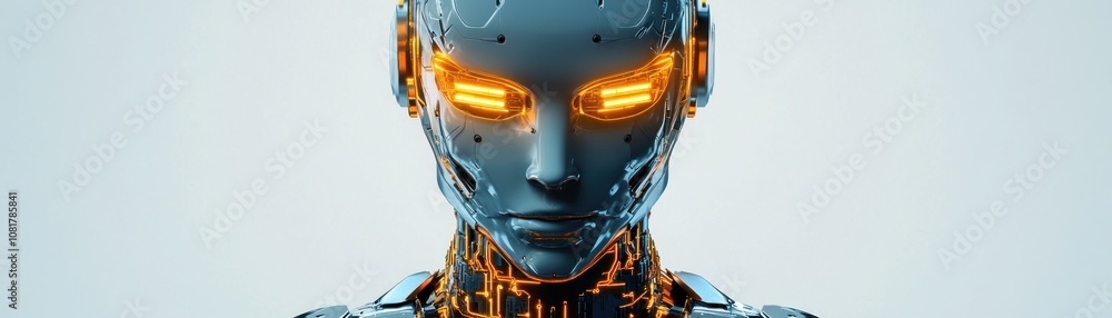 Poster a futuristic humanoid robot with glowing features and intricate circuitry design.
