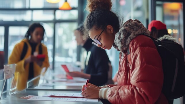 Young adults signing up at a voter registration booth, ready for civic engagement