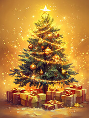 beautiful Christmas tree, decorated with golden ornaments and shimmering lights, creates a classic and timeless holiday scene.
