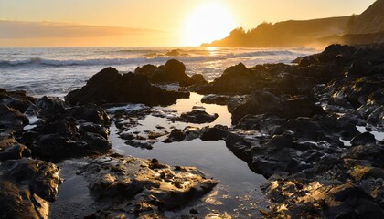 Obraz premium Rocky Beach With Jagged Black Rocks and Shimmering Tide Pools Reflecting the Colors of the Setting Sun, With Waves Gently Crashing on the Shore in the Distance