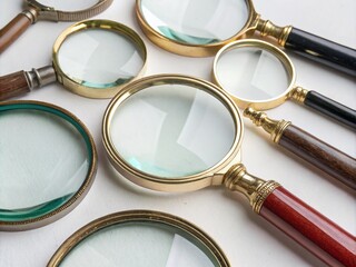 Fototapeta premium A Diverse Collection of Magnifying Glasses in Various Sizes and Perspectives, Celebrating Research and Discovery Against an Isolated Background