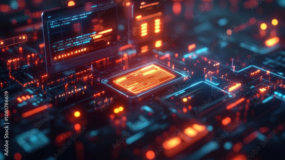 Aufkleber a close-up of a futuristic circuit board with glowing lines and a central processor.