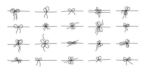 Black line style gift ribbon bows set isolated on white background. Doodle line style gift box ribbon bows in a thin, simple, minimal hand drawn design for elegant festive present decoration.