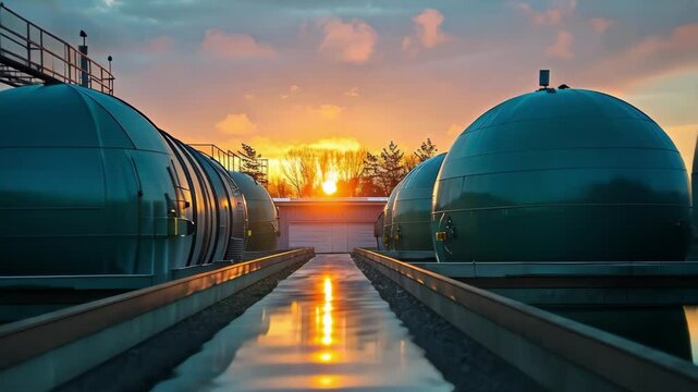 Industrial tanks under a sunset sky, reflecting light on a pathway, suggesting an energy or wastewater treatment facility.