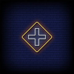 Obraz premium icon road sign neon style vector with brick wall background