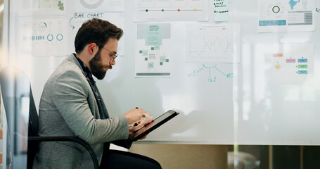 Data, tablet or whiteboard and business man in office with documents for company planning or...