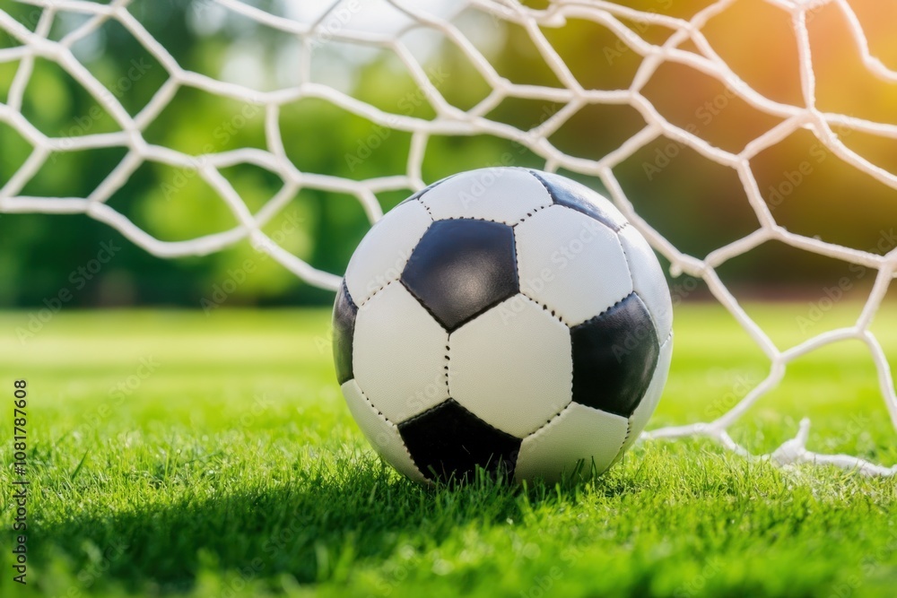 Poster a soccer ball resting on a green field with a goal net in the background. the sun shines through the