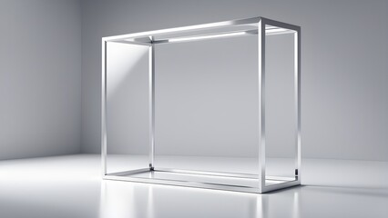 A silver metal frame, standing on a white surface, against a white background.