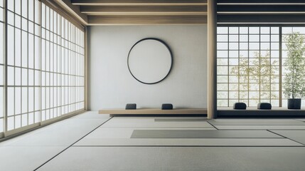 A martial arts dojo with mats and training equipment, minimalist decor, Zen style
