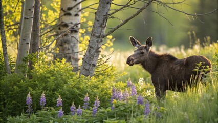 Fototapeta premium Adorable Moose Calf in Late Spring Grazing Among Lush Greenery with Soft Sunlight, Perfect for Nature Lovers and Wildlife Enthusiasts, Featuring Copy Space for Text Overlay