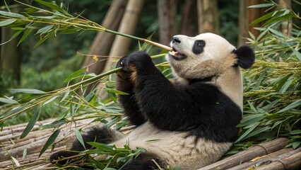 Fototapeta premium Adorable Panda Enjoying Bamboo in a Natural Habitat, Captured in a Candid Moment of Playfulness and Joy, Perfect for Wildlife Photography Enthusiasts and Nature Lovers