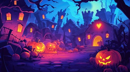 Halloween Night in a Spooky Village with Jack-o'-Lanterns